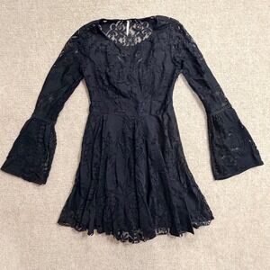 Free People Reign Over Me Black Lace Mini Dress Bell Sleeve Cutout Back Size 2